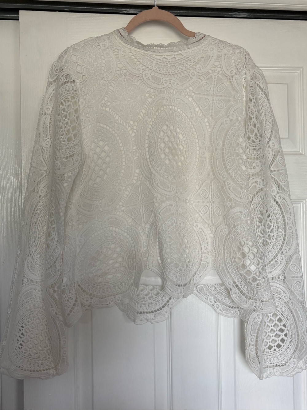 Ultra Pink White Crochet Lace Long Sleeve Blouse